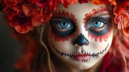 A close-up of a childs face with Day of the Dead face paint
