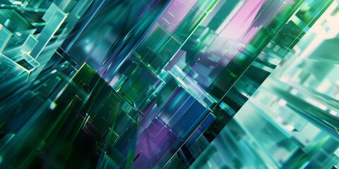 An abstract futuristic layered geometric shapes and translucent elements, blending colors of green, blue, and purple