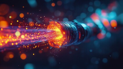 Detailed Fiber-Optic Cable with Vibrant Colors and Lights in an Ultra-Realistic Digital Art Style, Set Against a Dark Blue Background. AI generated illustration