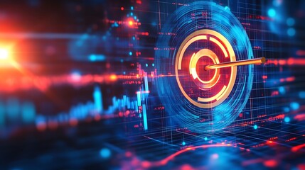 Obraz premium A glowing gold arrow hits the center of a digital target, representing success and achievement in the business world.