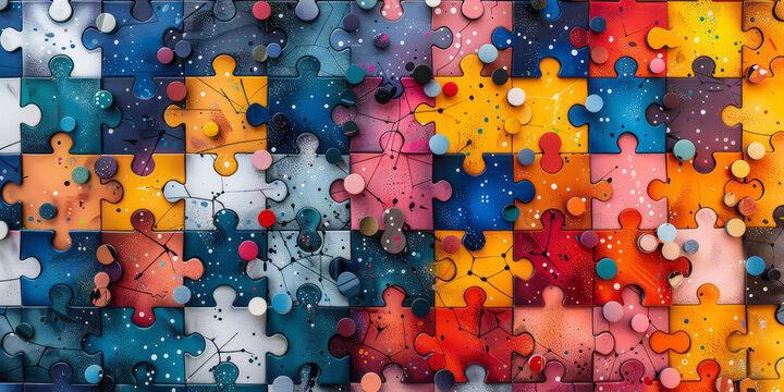 Collaborative back-to-school background, interconnected geometric shapes and symbols, group project puzzle pieces,