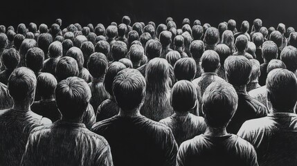 A crowd of people, seen from behind, depicted in a black and white drawing style.