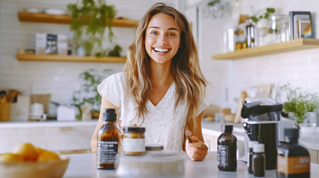 A health-conscious blogger influencer showcases a plant-based protein whey product during a live streaming session, aiming to boost viral marketing for the brand among her wellness group followers.