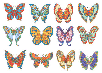 Groovy butterflies with ornament wings in 70s hippie art, vector decoration. Groovy butterfly in retro cartoon design, monarch or machaon moth with funky colorful floral pattern ornament on wings