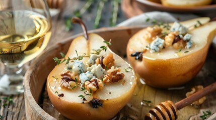 Baked Pears with Blue Cheese Walnuts Honey and Thyme Served with a Glass of White Wine Healthy French Cuisine Appetiser : Generative AI