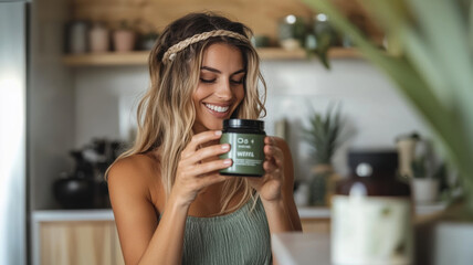A health-conscious blogger influencer showcases a plant-based protein whey product during a live streaming session, aiming to boost viral marketing for the brand among her wellness group followers.