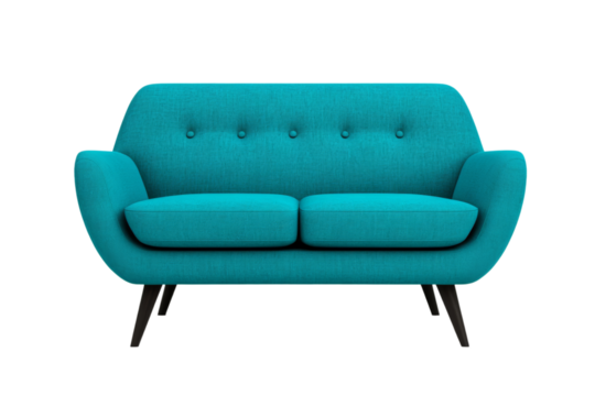 Vibrant teal sofa front view with bold color and sleek minimalist design isolated on transparent background 