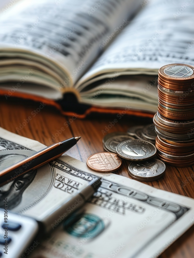 Fototapete a stack of cash and coins accompany an open notebook filled with notes and calculations, laid out on