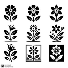 Obraz premium set of plant and flower vector illustration black and white silhouette graphic design template