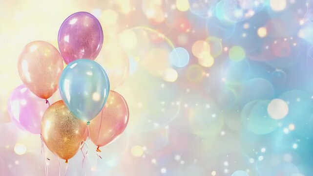 Metallic pastel color balloons with bokeh lights on a background. Celebration birthday party concept.