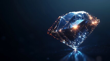 Obraz premium A glowing, abstract diamond shape made of digital particles and lines against a dark blue background.
