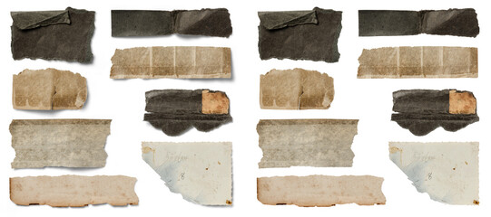 set of wabi-sabi inspired ripped or torn blank dark paper scraps with different grungy textures isolated over transparency, textured grunge collage design elements or banners with and without shadows