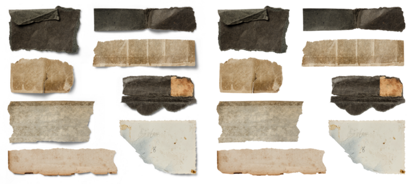 set of wabi-sabi inspired ripped or torn blank dark paper scraps with different grungy textures isolated over transparency, textured grunge collage design elements or banners with and without shadows