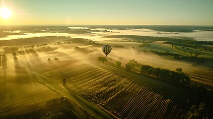 Elevated perspective from companion balloon floating over agricultural field by sunlight and low lying fog