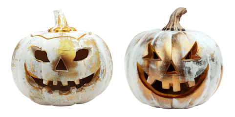 Two stylish Halloween pumpkins with gold and white finishes, on transparent background. Each pumpkin features a unique face and golden accents. Cut out Jack O Lantern.
