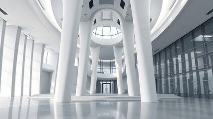 Obraz premium Modern futuristic building design with abstract architecture background featuring white concrete columns in a minimal interior. Generative AI
