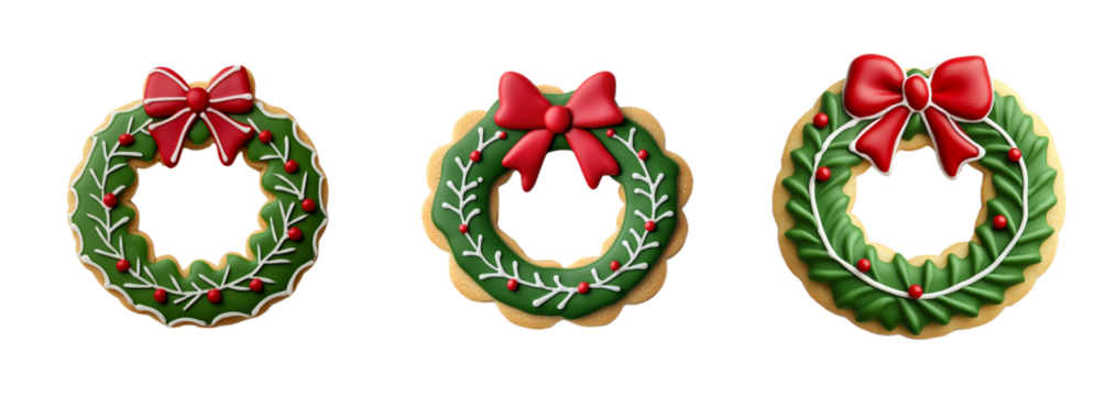 A set of three festive Christmas wreath-shaped cookies decorated with red ribbons and green icing isolated on a transparent background