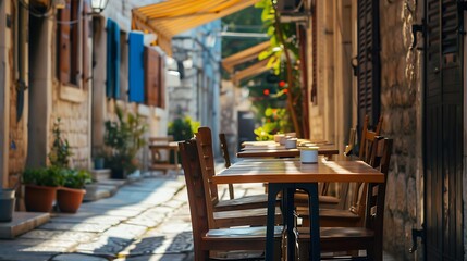 Empty table with chairs in narrow alley outside restaurant on sunny day