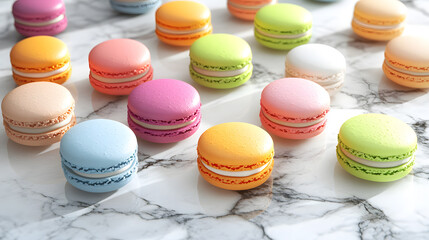 Obraz premium A variety of colorful macarons arranged neatly on a white marble surface. The macarons are in different pastel colors, including pink, blue, green, yellow, and orange.