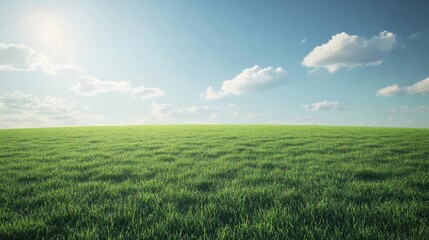 Obraz premium A lush green field stretches under a clear, blue sky with soft clouds, perfect for idyllic and serene backgrounds.