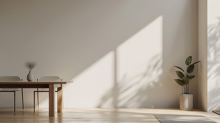Minimalist dining room interior with a wooden table, chairs, and a vase of dried flowers, bathed in soft natural light.