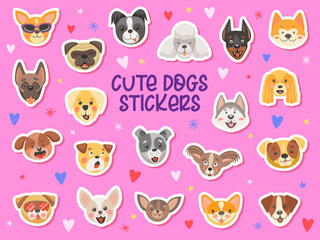 Cute dog and puppy pet stickers vector set. Cartoon canine breeds with animated face expressions and pet accessories. Husky, corgi, pug, chihuahua, Doberman, playful and animal cutout patches