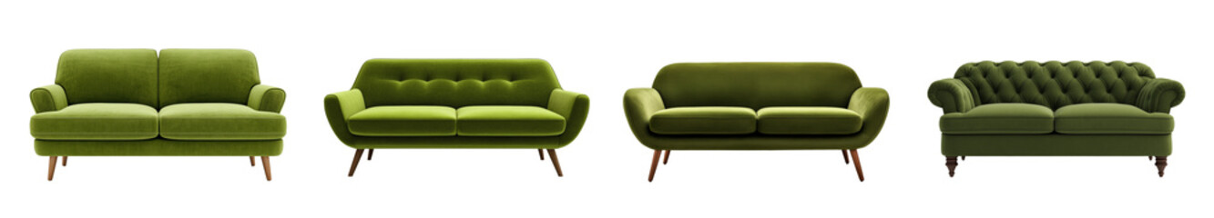 Fototapeta premium A collection of four green velvet sofas showcasing different modern and classic designs, isolated on a transparent background
