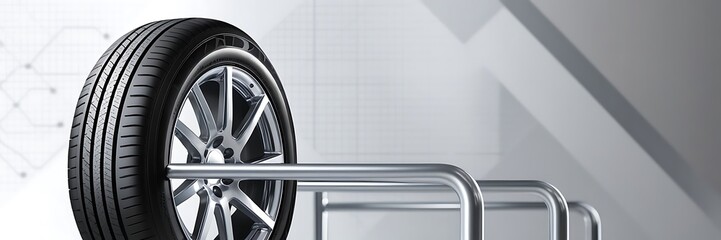 Obraz premium A new tire is placed on the tire storage rack in the car workshop. background for landscape poster, digital banner, flyer, leaflet design