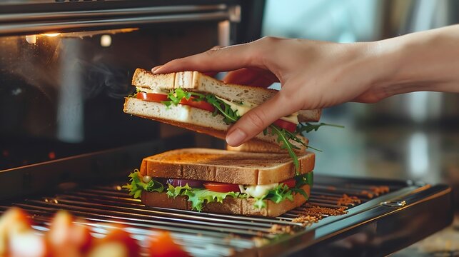 Female hand carefully opening the lid of a sandwich making machine with hot selective focus and close up homemade food concept