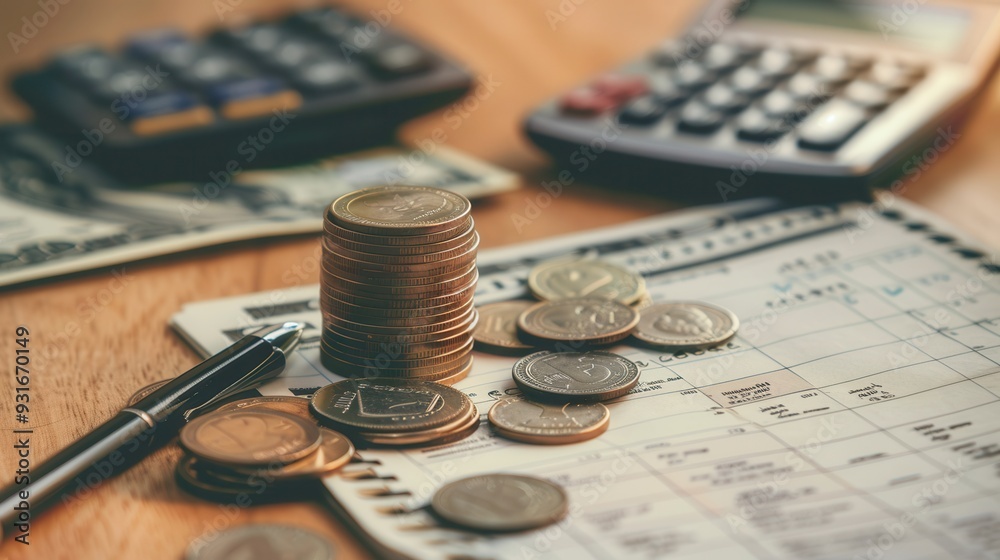 Fototapete A stack of cash alongside coins and an open notebook filled with financial notes and calculations on a wooden table in a bright workspace. Generative AI