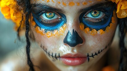 Obraz premium A close-up of a young girl with colorful Day of the Dead face paint
