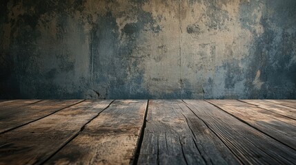 A rustic wooden floor with visible wear and a grungy, textured wall behind it, creating a moody, aged atmosphere.