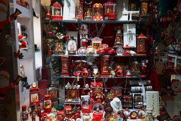 Christmas decoration items in a shop window, in Glyfada, Greece