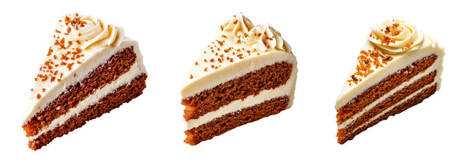 A collection of delicious carrot cake slices with cream cheese frosting isolated on a transparent background, perfect for Easter celebrations