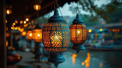 A close-up of intricate Diwali lanterns (kandils) hanging in a row