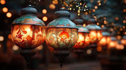 A close-up of intricate Diwali lanterns (kandils) hanging in a row