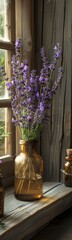 Obraz premium Purple flowers in a gold vase sitting on a window sill