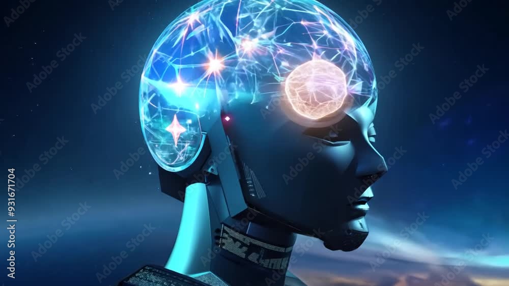 Poster futuristic humanoid robot with a glowing neural network in space generative ai