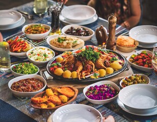 Obraz premium A large table filled with vibrant food, colorful plates, salads, breads, and hot dishes invites guests.