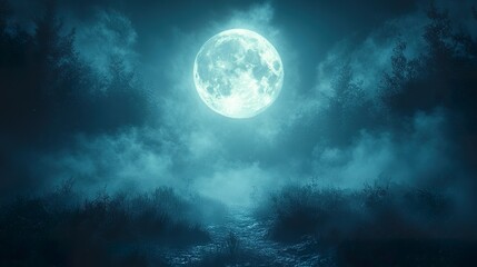 A dark forest illuminated by a full moon with eerie shadows and mist