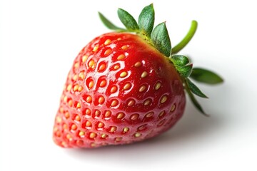 A single, ripe strawberry with green leaves on a white background.