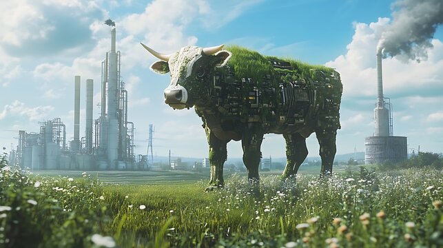 A green cow with a factory in the background.