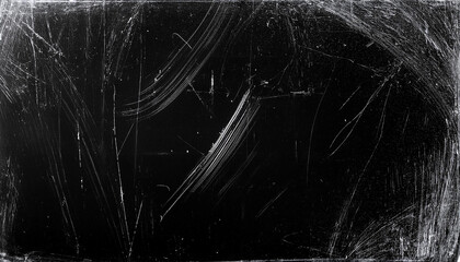 White scratches and dust on black background. Old dirty glass.