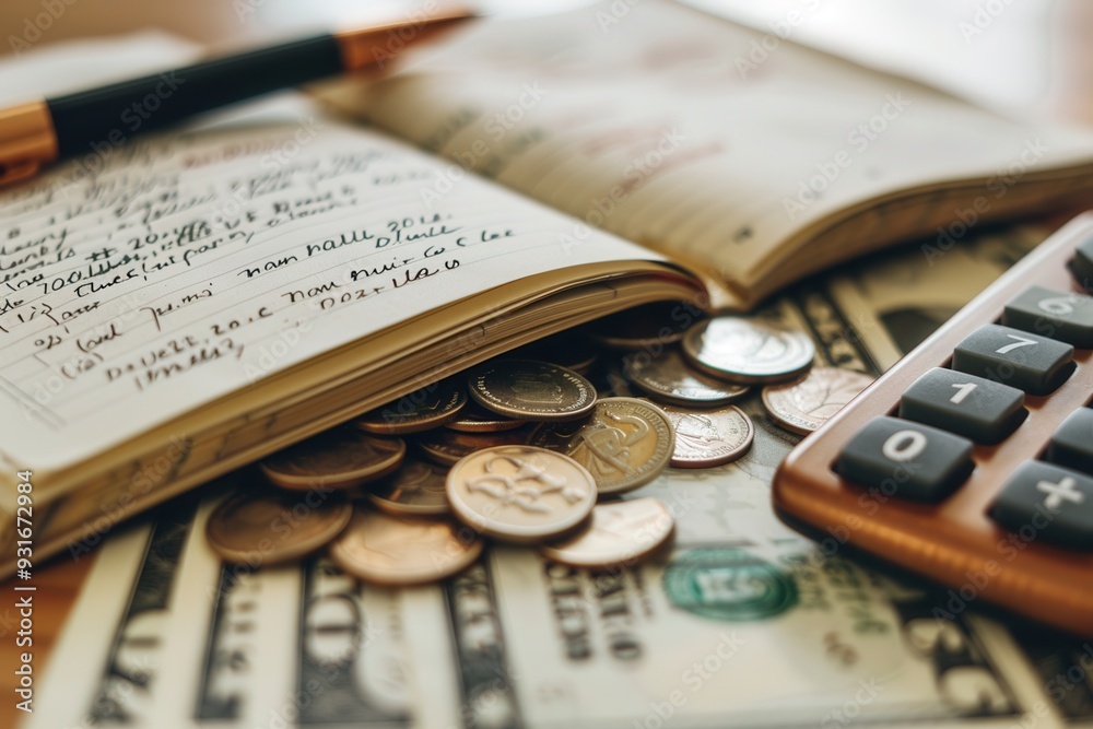 Fototapete A stack of cash and coins beside an open notebook filled with notes and calculations, with a calculator nearby, indicating financial planning. Generative AI