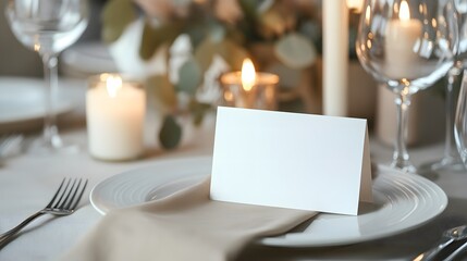 Elegant wedding table setting with a blank place card on a white plate. Perfect mockup for wedding invitations, event branding, or menu design in an upscale, refined atmosphere