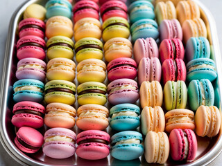 Macarons Assortment, A vibrant assortment of macarons in pastel colors, neatly arranged in rows, with delicate shells and creamy fillings
