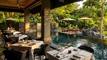 Fototapeta premium four tables at a poolside restaurant great on upper right