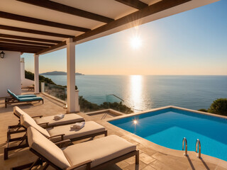 Fototapeta premium A panoramic sea view from a villa’s terrace, showcasing sun beds and an inviting swimming pool. The warm sunlight reflects off the water