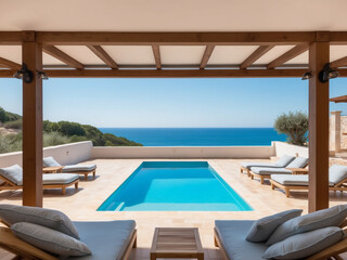 A sunny terrace in a Mediterranean-style villa with comfortable sun beds and a refreshing swimming pool