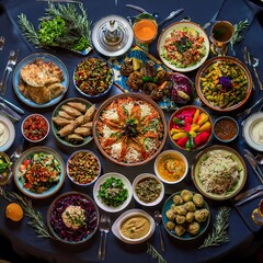 Fototapeta premium A large table filled with vibrant food, colorful plates, salads, breads, and hot dishes invites guests.